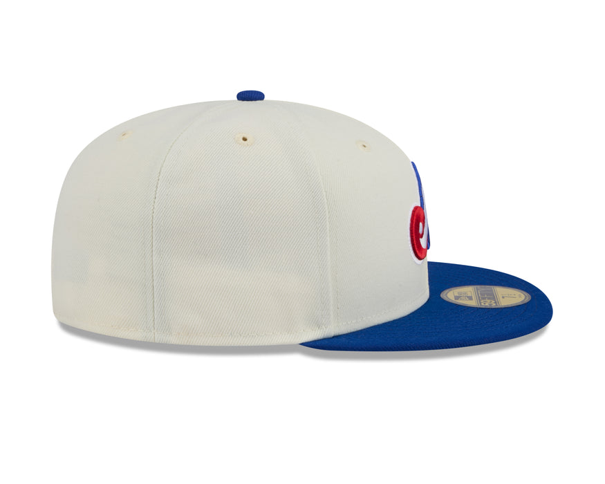 Montreal Expos MLB New Era Men's Off-White/Royal-Blue 59Fifty 2024 Evergreen Fitted Hat
