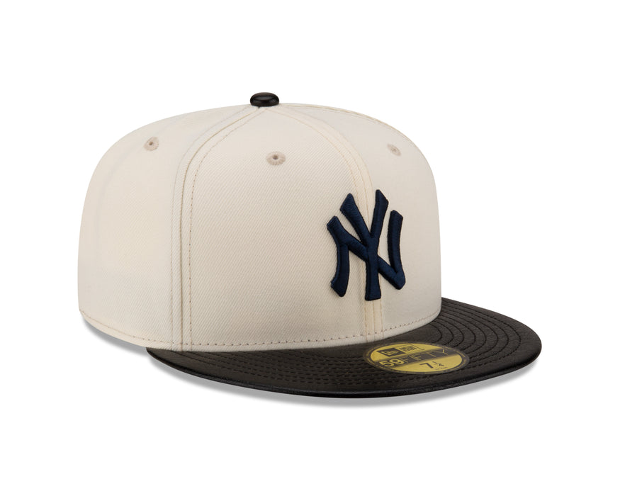 New York Yankees MLB New Era Men's Off-White 59Fifty Game Night Leather Visor Fitted Hat