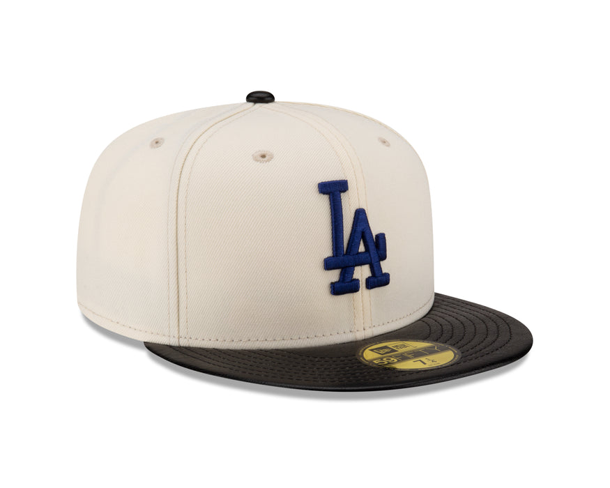 Los Angeles Dodgers MLB New Era Men's Off-White 59Fifty Game Night Leather Visor Fitted Hat