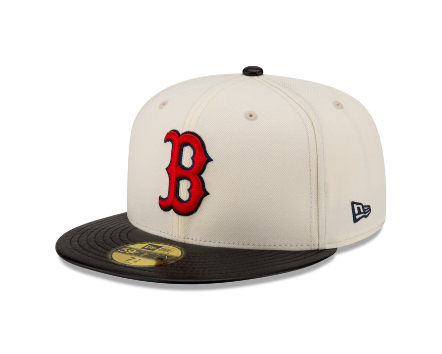 Boston Red Sox MLB New Era Men's Off-White 59Fifty Game Night Leather Visor Fitted Hat