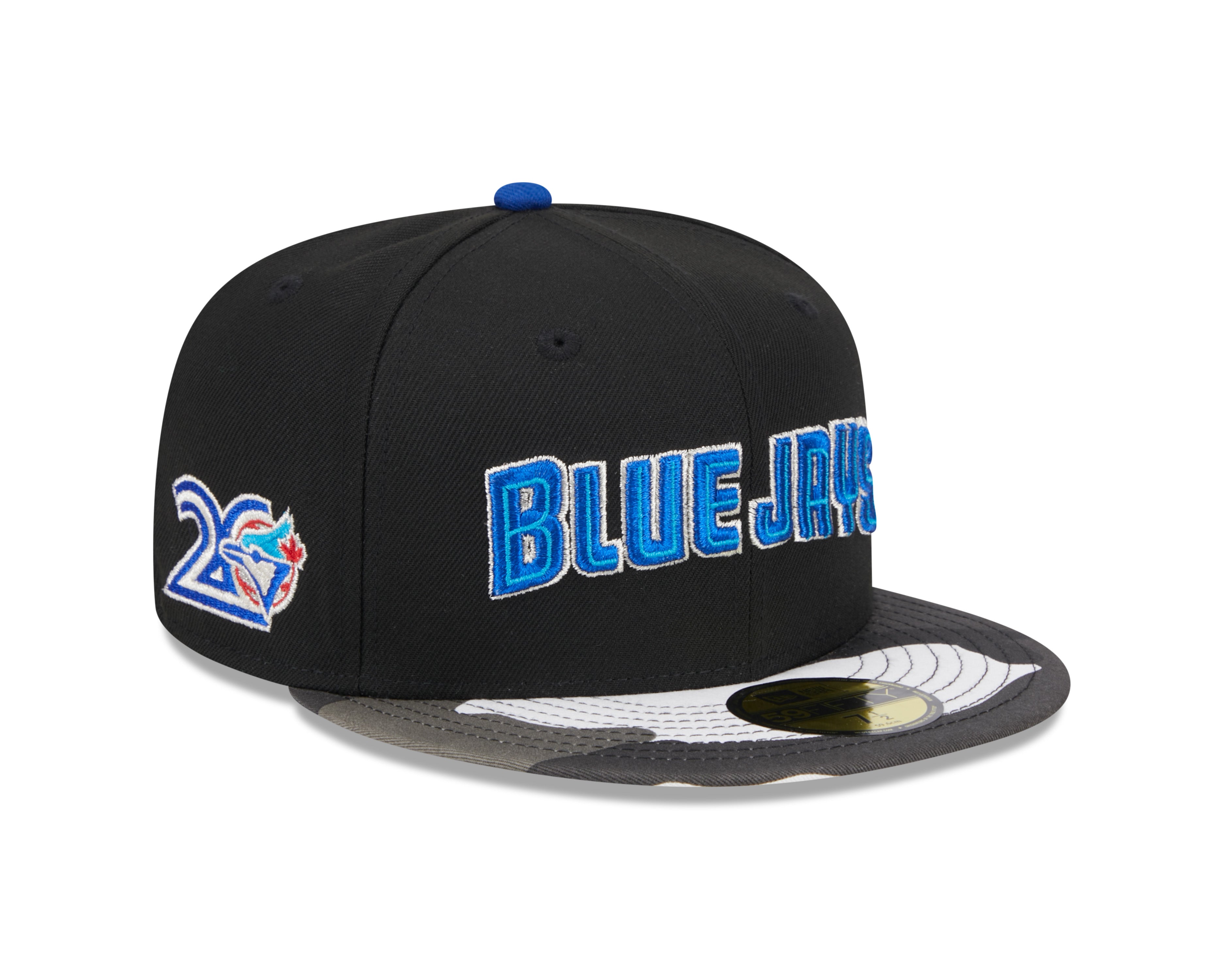 Toronto Blue Jays MLB New Era Men's Black Camo 59Fifty Metallic 20th Anniversary Fitted Hat