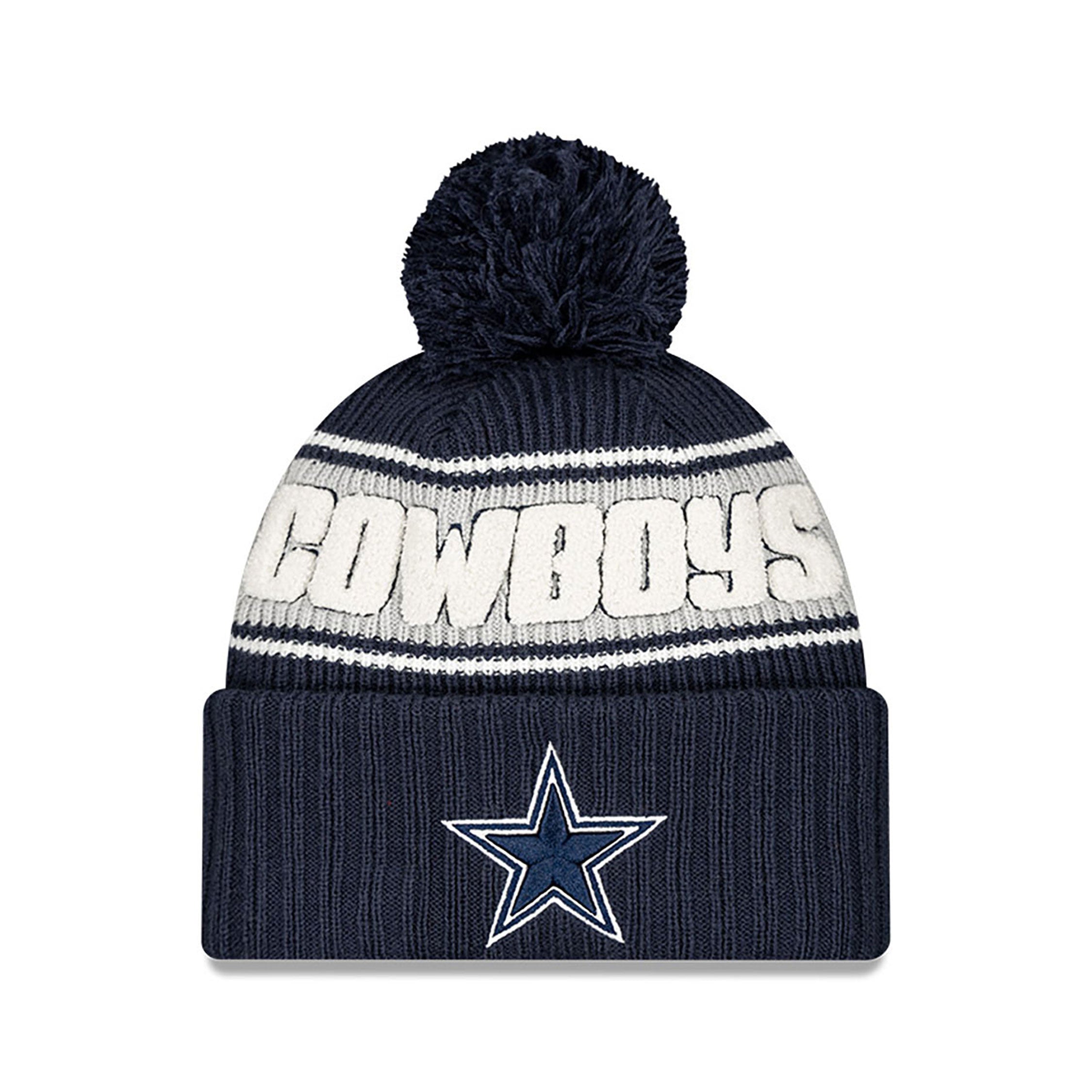 Bonnet à pompon en tricot pour homme Dallas Cowboys NFL New Era 2024 Sideline Sport Navy