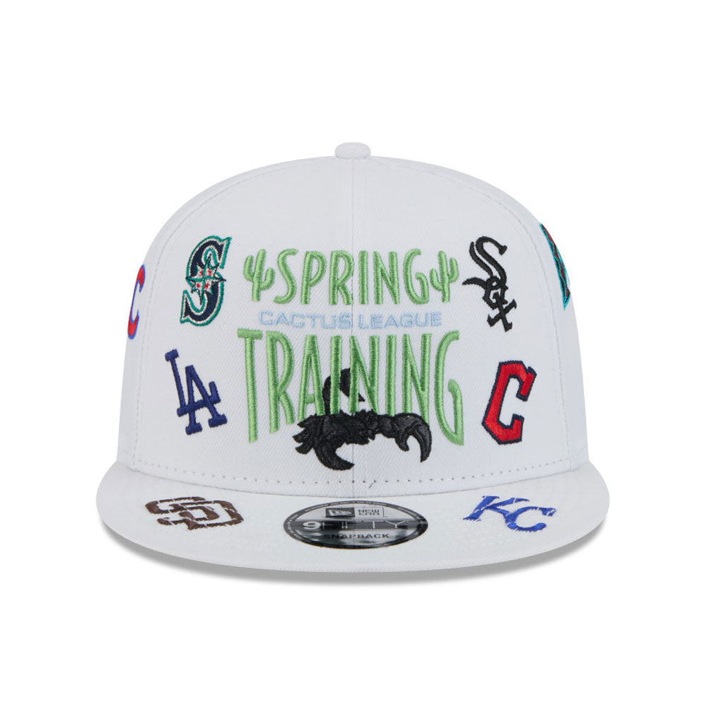 Casquette à visière plate Cactus League MLB New Era pour homme, blanche, 9Fifty 2025, entraînement de printemps, avec logo dispersé
