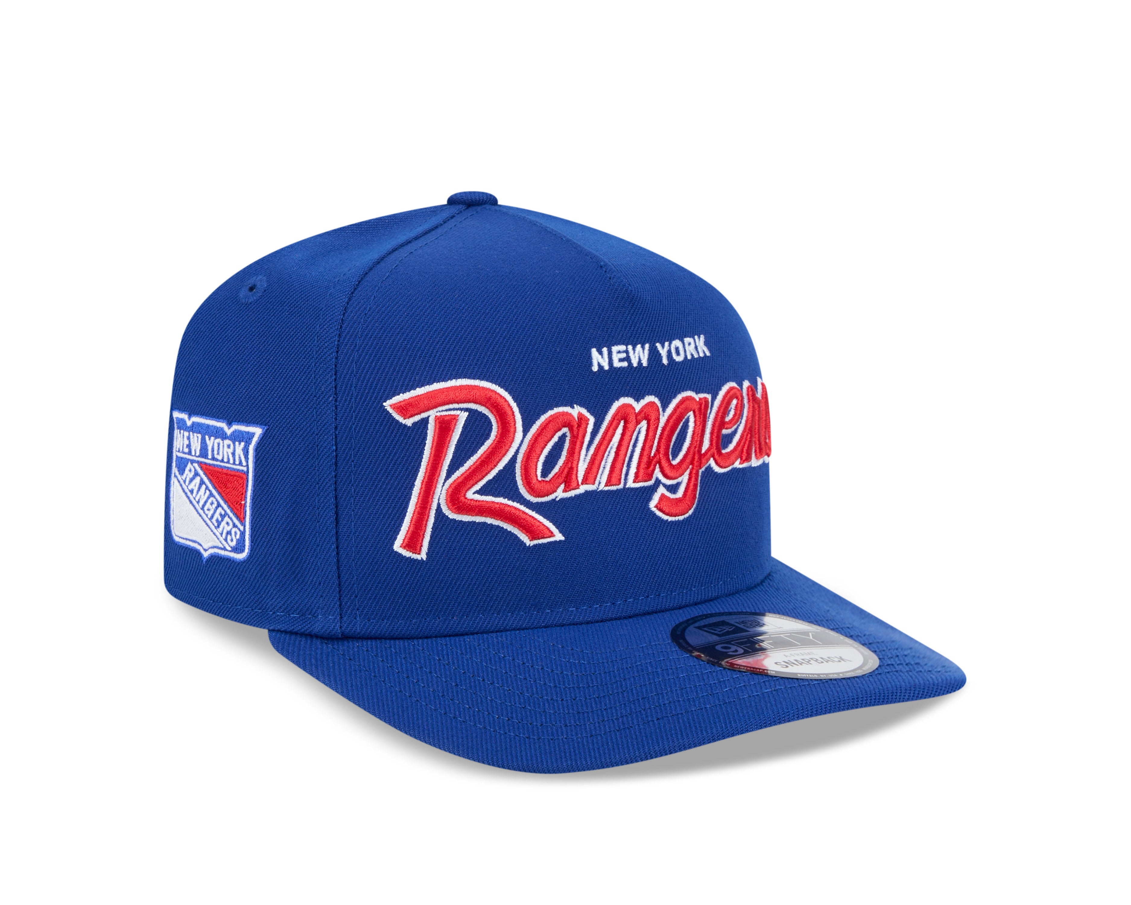 Casquette à visière ajustable New Era Royal 9FIfty Script A-Frame pour homme des Rangers de New York de la LNH