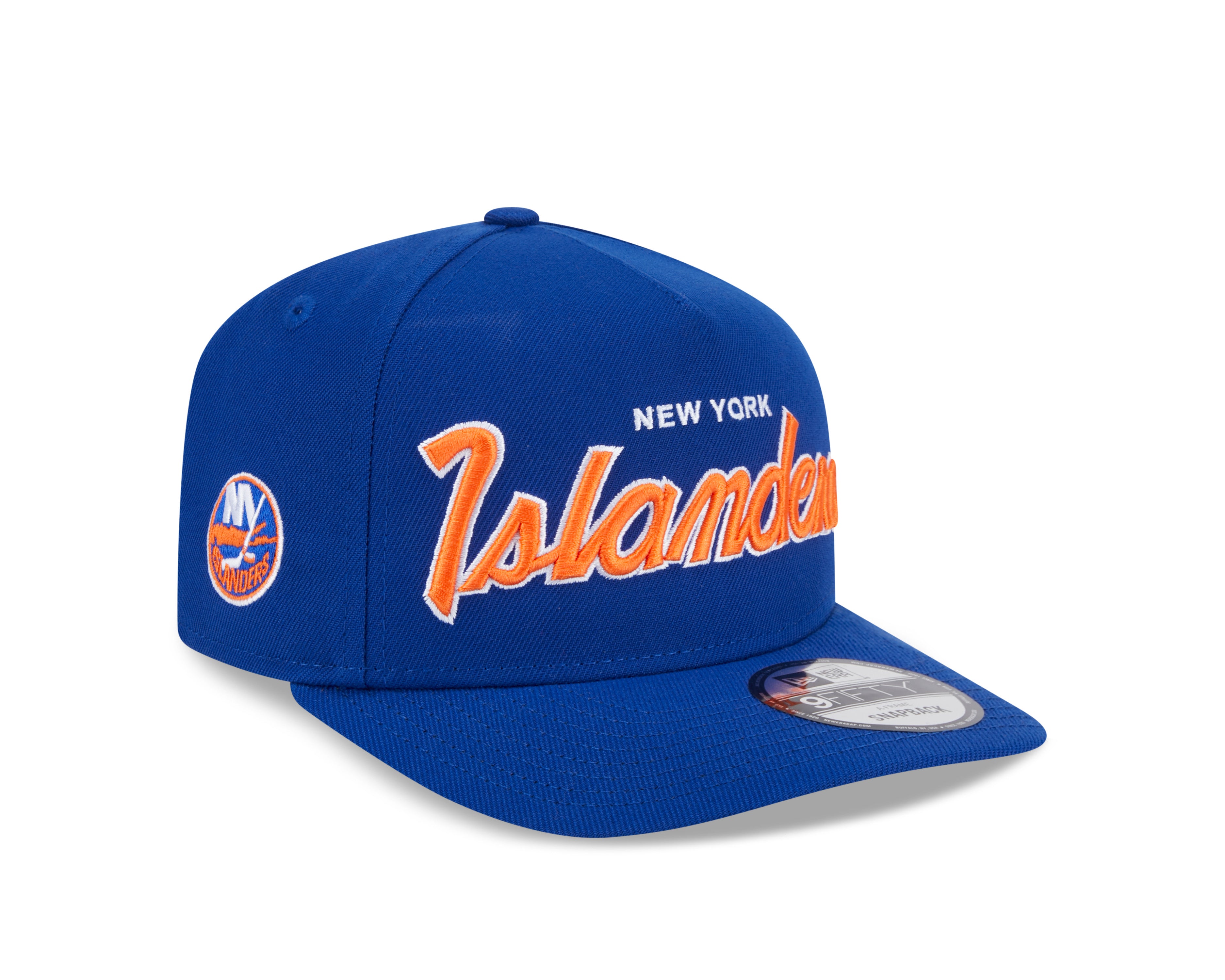 Casquette à visière ajustable A-Frame Script New Era pour homme des Islanders de New York NHL Royal 9FIfty