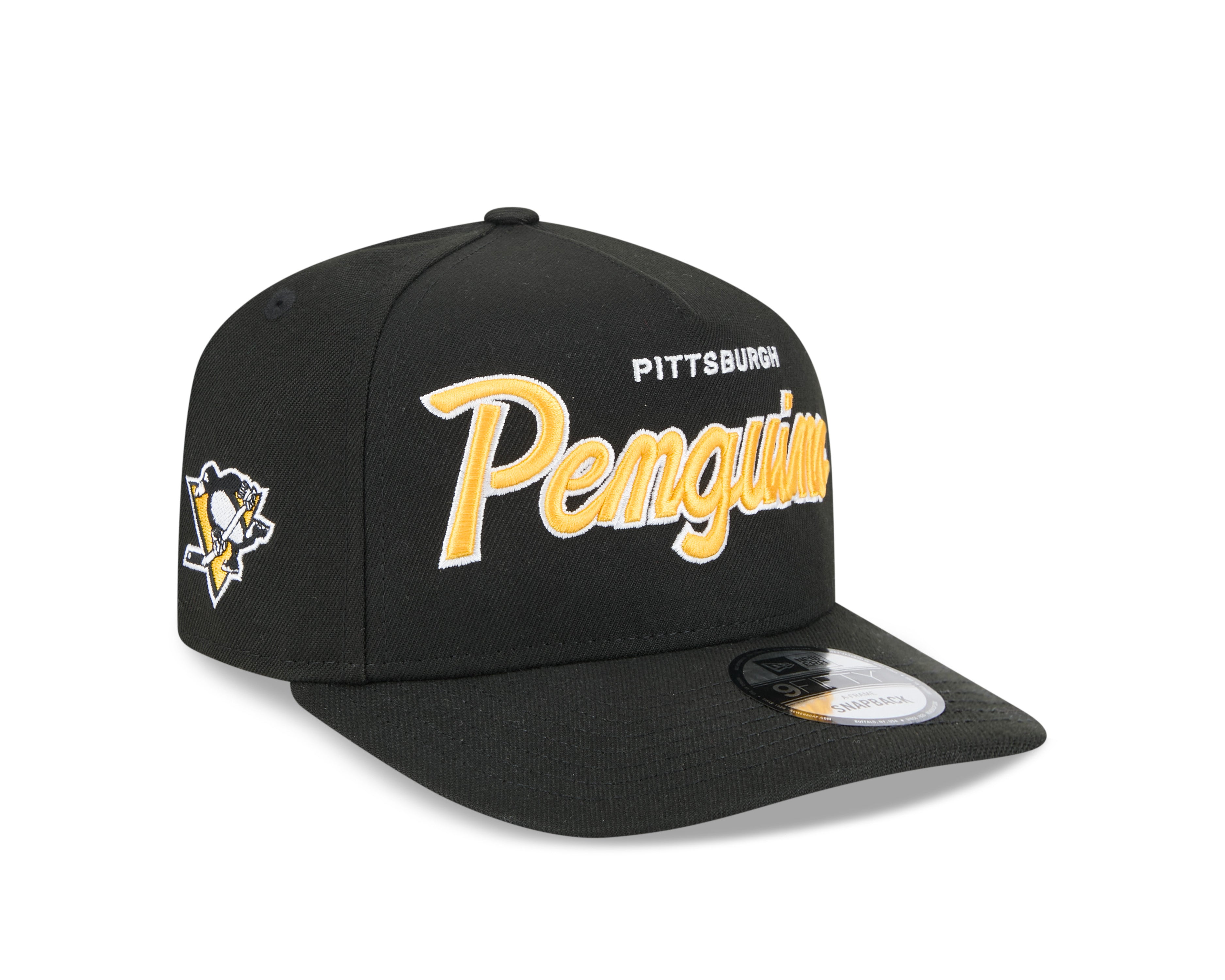 Casquette Snapback A-Frame 9FIfty Script noire pour homme des Penguins de Pittsburgh de la LNH de New Era