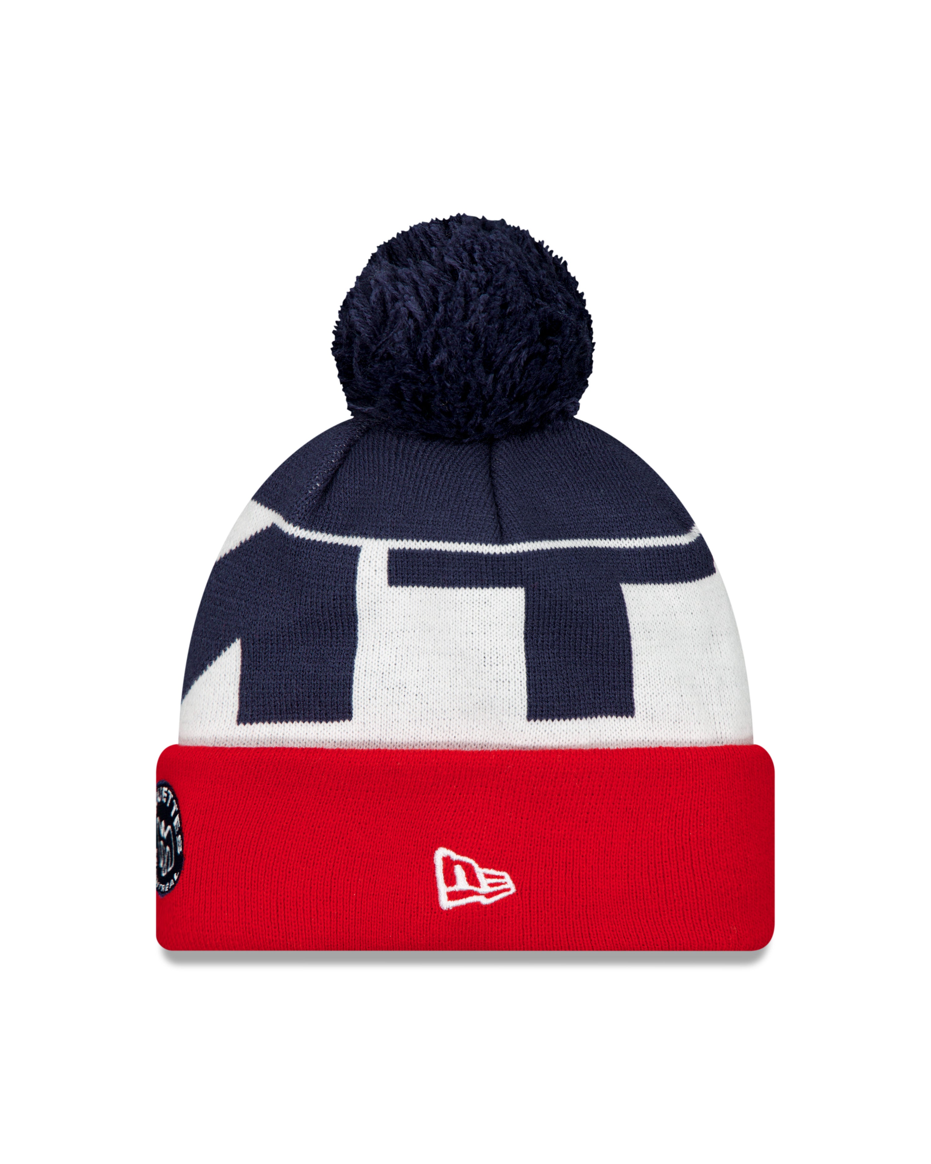 Bonnet en tricot à pompon avec revers de ligne de touche New Era bleu marine/rouge/blanc 2025 des Alouettes de Montréal de la LCF