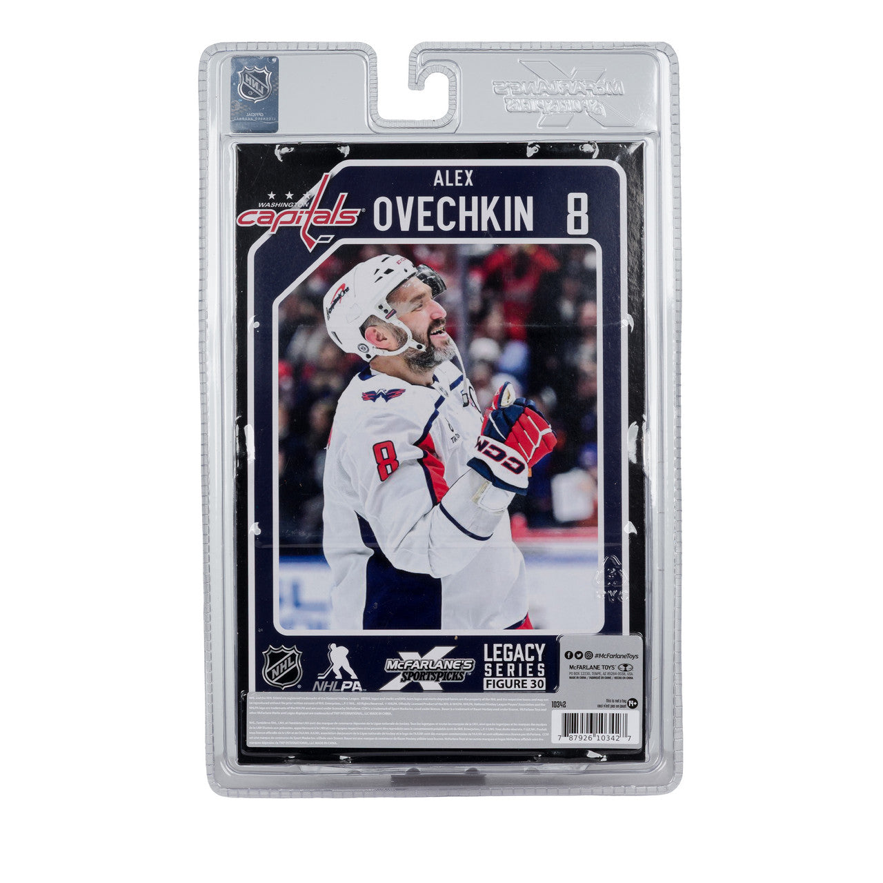 Figurine articulée de 18 cm d'Alexander Ovechkin des Capitals de Washington de la NHL, série Legacy, uniforme blanc, McFarlane Toys.