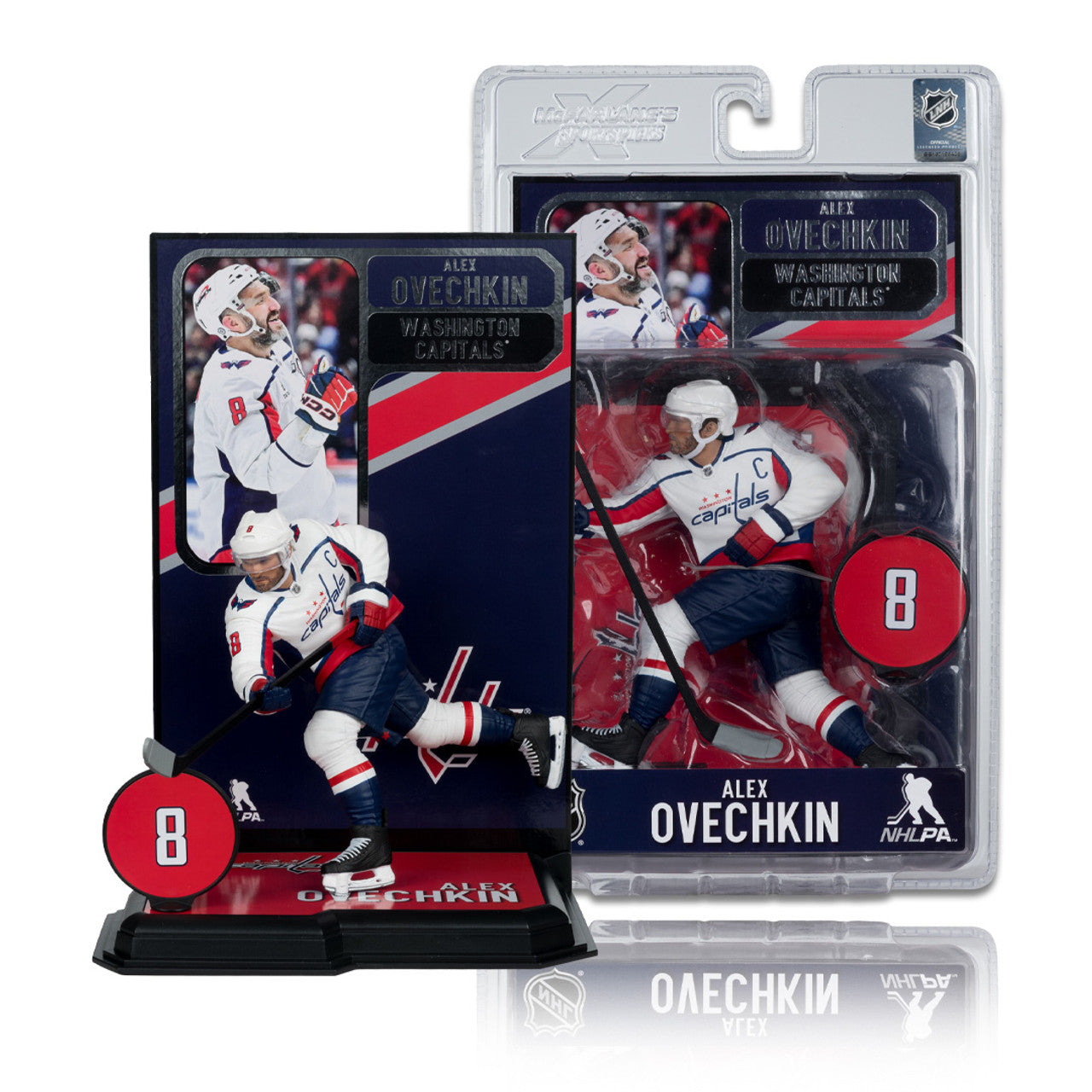 Figurine articulée de 18 cm d'Alexander Ovechkin des Capitals de Washington de la NHL, série Legacy, uniforme blanc, McFarlane Toys.