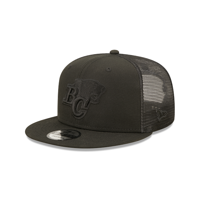 Casquette à visière snapback 9Fifty Trucker noire sur noire pour homme des BC Lions de la LCF de New Era