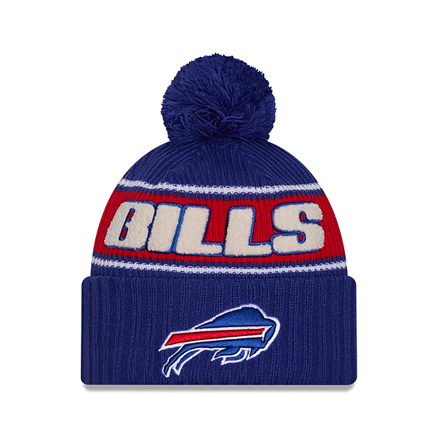 Bonnet à pompon en tricot bleu NFL New Era 2024 Sideline Sport pour homme des Buffalo Bills