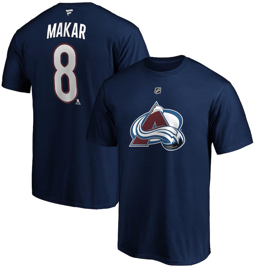 T-shirt authentique pour homme de marque NHL Fanatics de l'Avalanche du Colorado Cale Makar, bleu marine