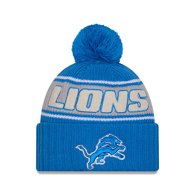 Bonnet tricoté à pompon bleu clair NFL 2024 Sideline Sport pour homme Detroit Lions New Era