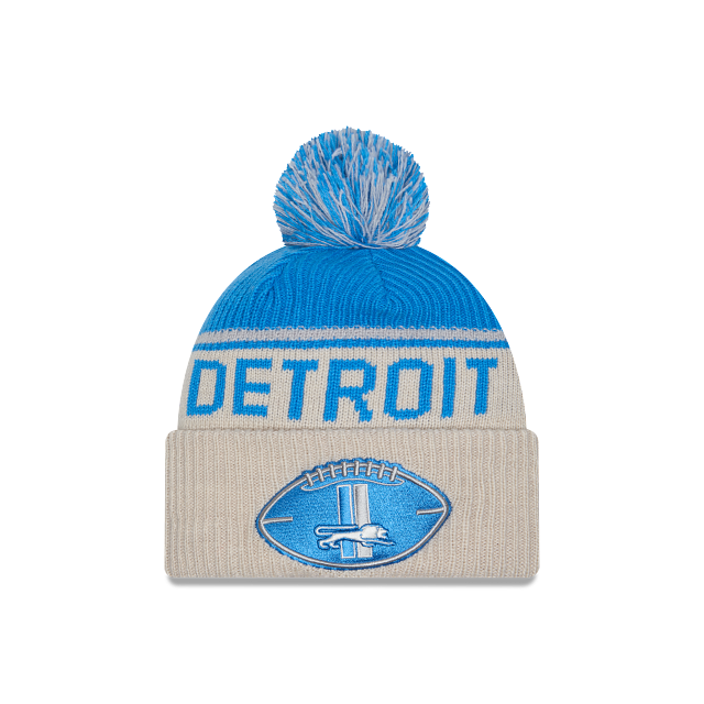 Bonnet à pompon en tricot bleu clair et beige pour homme Detroit Lions NFL New Era 2024 Sideline Historic Sport