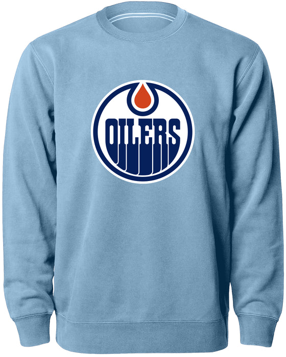 Edmonton Oilers NHL Bulletin Men's Light Blue Twill Logo Express Crew Sweater