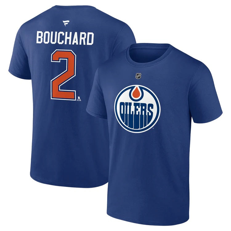 T-shirt bleu royal authentique pour homme de marque Evan Bouchard des Oilers d'Edmonton NHL Fanatics