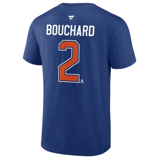 T-shirt bleu royal authentique pour homme de marque Evan Bouchard des Oilers d'Edmonton NHL Fanatics