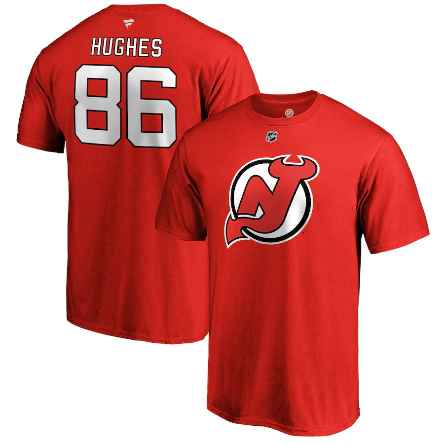 T-shirt authentique rouge de marque Jack Hughes New Jersey Devils NHL Fanatics pour homme