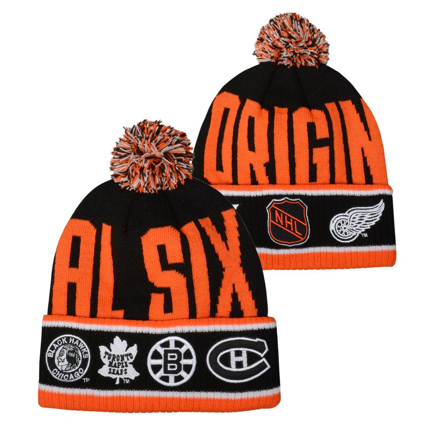 Original Six NHL Outerstuff Youth Vintage Noir Large Rib Cuff Pom Knit Hat