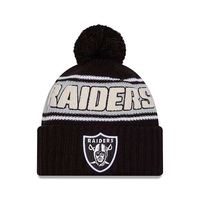 Bonnet à pompon en tricot noir 2024 Sideline Sport NFL New Era pour homme des Raiders de Las Vegas