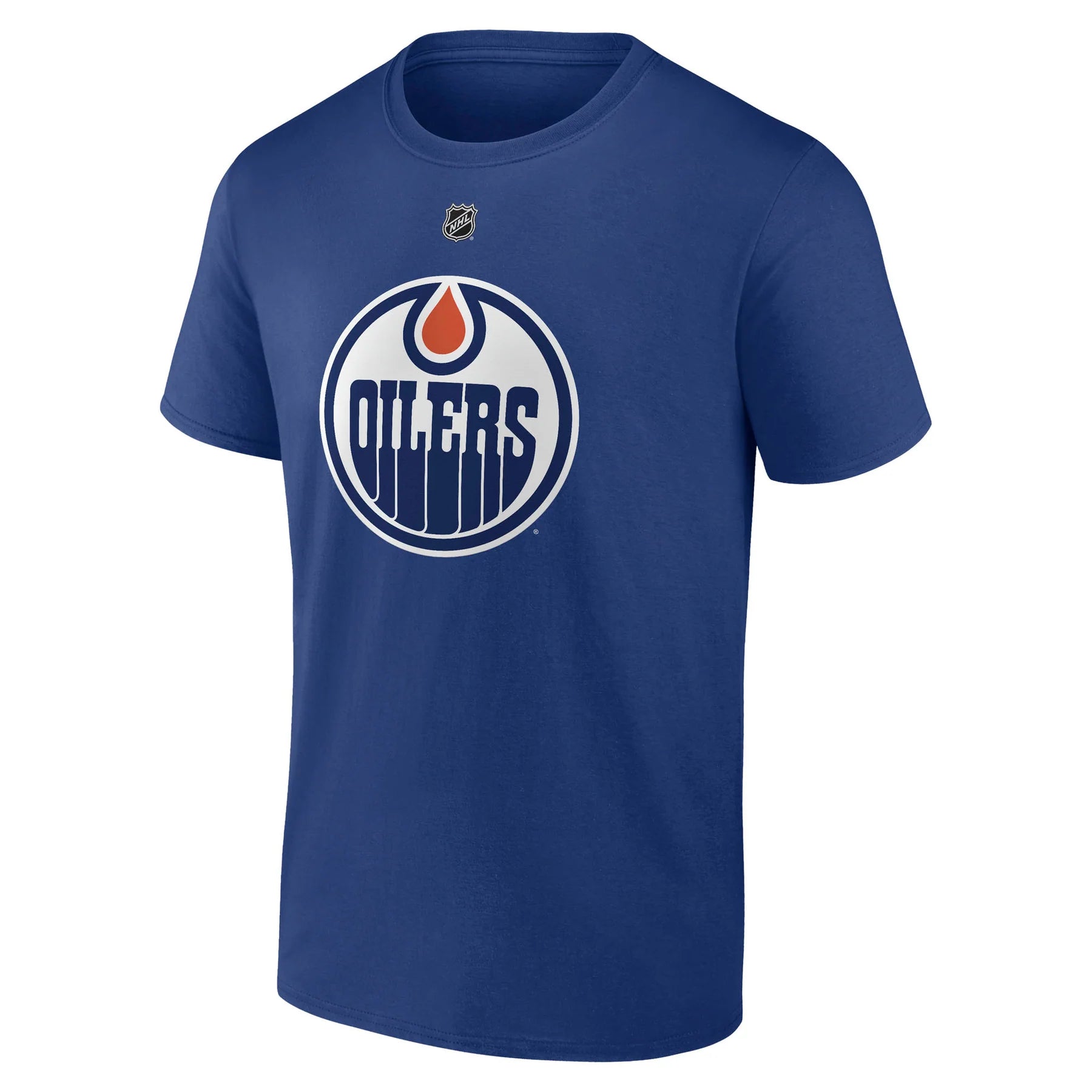 T-shirt authentique bleu royal pour homme de marque Fanatics, porté par Leon Draisaitl des Oilers d'Edmonton (NHL).