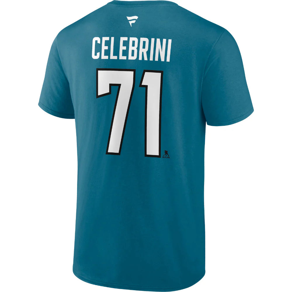 T-shirt authentique bleu sarcelle Macklin Celebrini des Sharks de San Jose (NHL) de marque Fanatics pour hommes