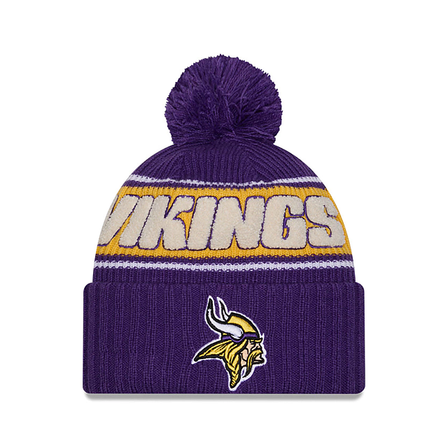 Bonnet tricoté à pompon pour homme NFL New Era 2024 Sideline Sport des Vikings du Minnesota violet