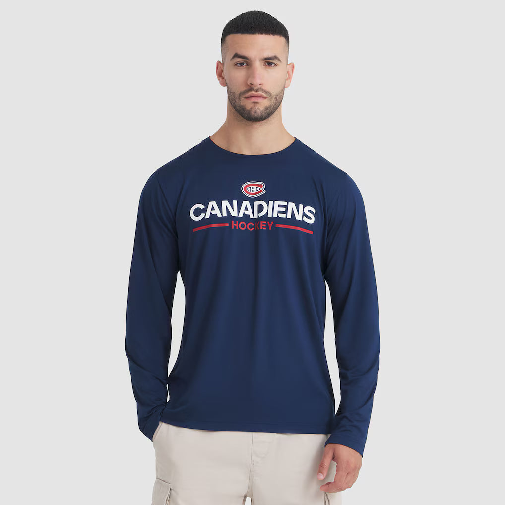 T-shirt à manches longues Pro Rink Tech authentique bleu marine 2025 de marque NHL Fanatics des Canadiens de Montréal pour homme