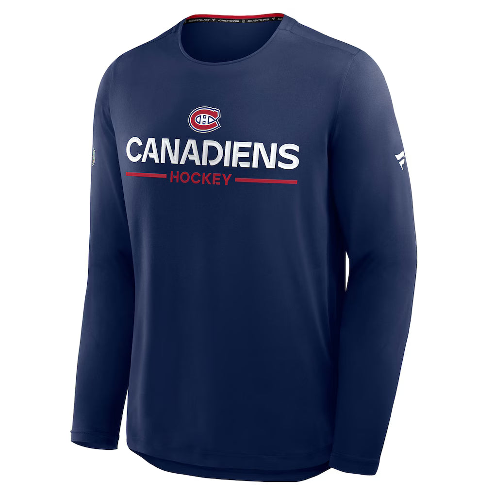 T-shirt à manches longues Pro Rink Tech authentique bleu marine 2025 de marque NHL Fanatics des Canadiens de Montréal pour homme