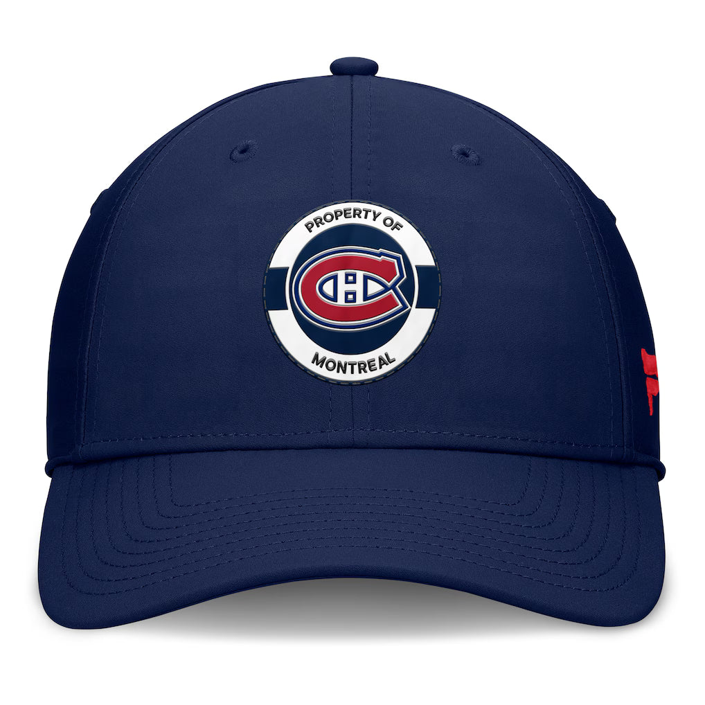 Casquette extensible pour homme de marque NHL Fanatics des Canadiens de Montréal, bleu marine, Authentic Pro 2025 Training Camp