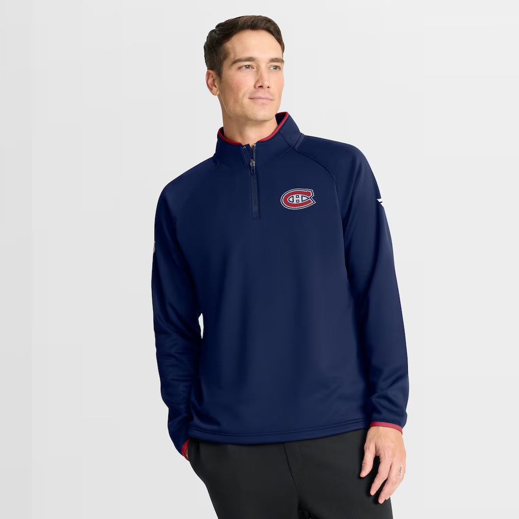 Chemise d'entraînement authentique Pro Rink à manches longues et fermeture éclair 1/4 pour homme, bleu marine, marque Fanatics, des Canadiens de Montréal (NHL).