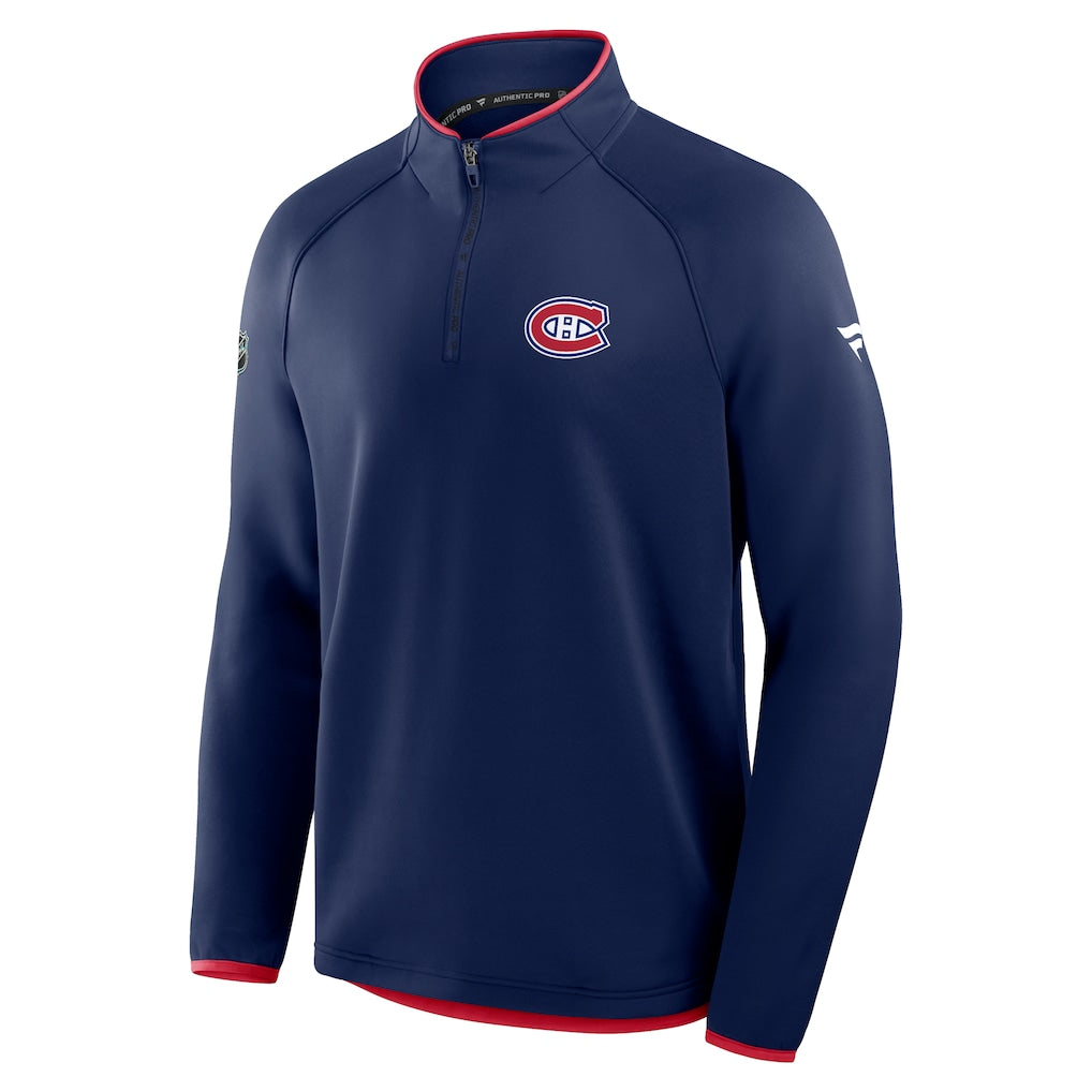 Chemise d'entraînement authentique Pro Rink à manches longues et fermeture éclair 1/4 pour homme, bleu marine, marque Fanatics, des Canadiens de Montréal (NHL).