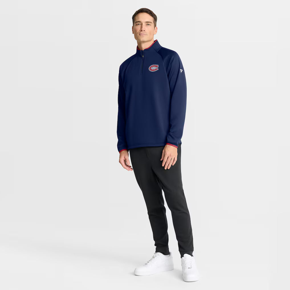 Chemise d'entraînement authentique Pro Rink à manches longues et fermeture éclair 1/4 pour homme, bleu marine, marque Fanatics, des Canadiens de Montréal (NHL).