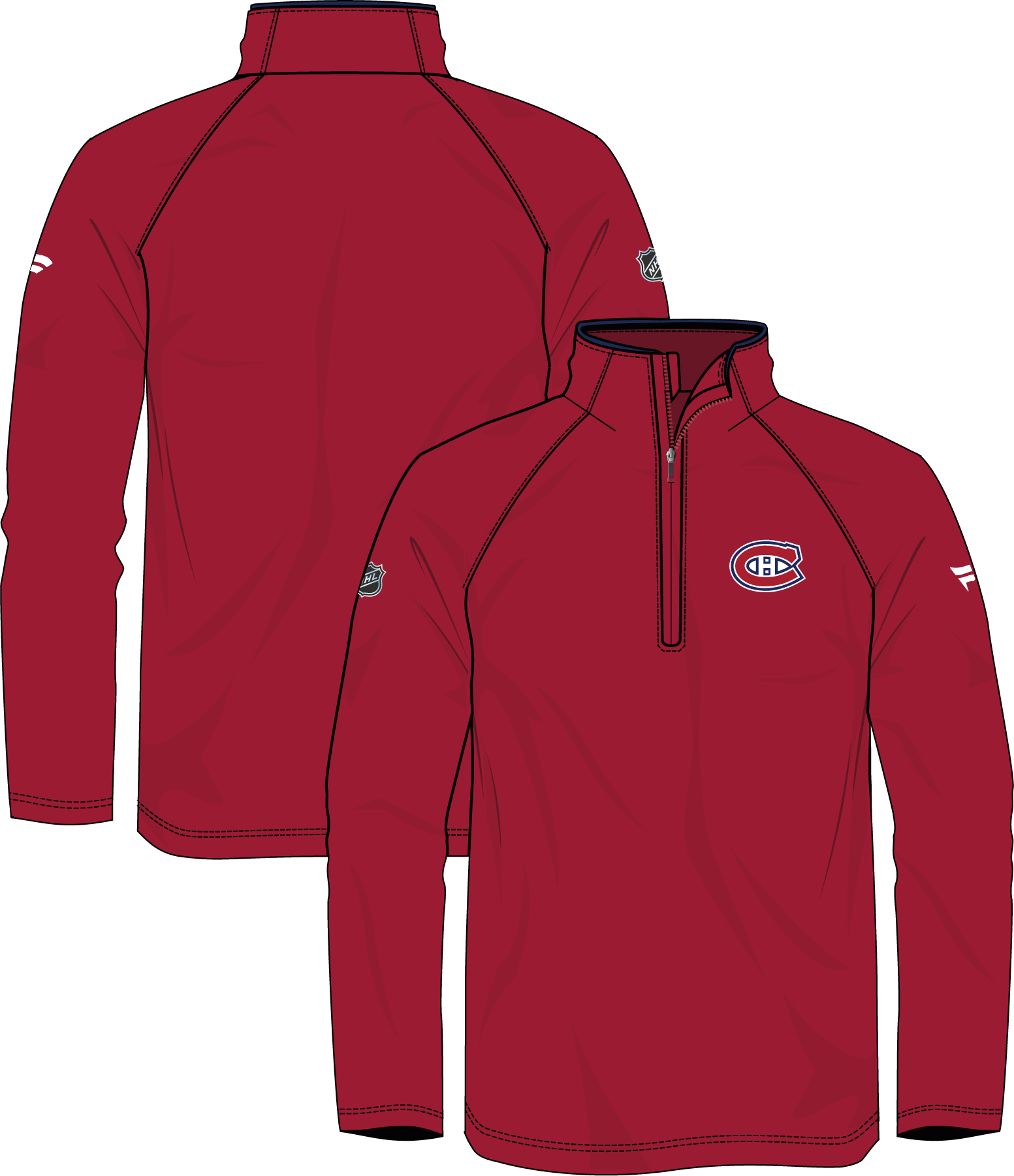 T-shirt d'entraînement à manches longues et fermeture éclair 1/4 pour homme de marque Fanatics NHL des Canadiens de Montréal, rouge, authentique, Pro Rink