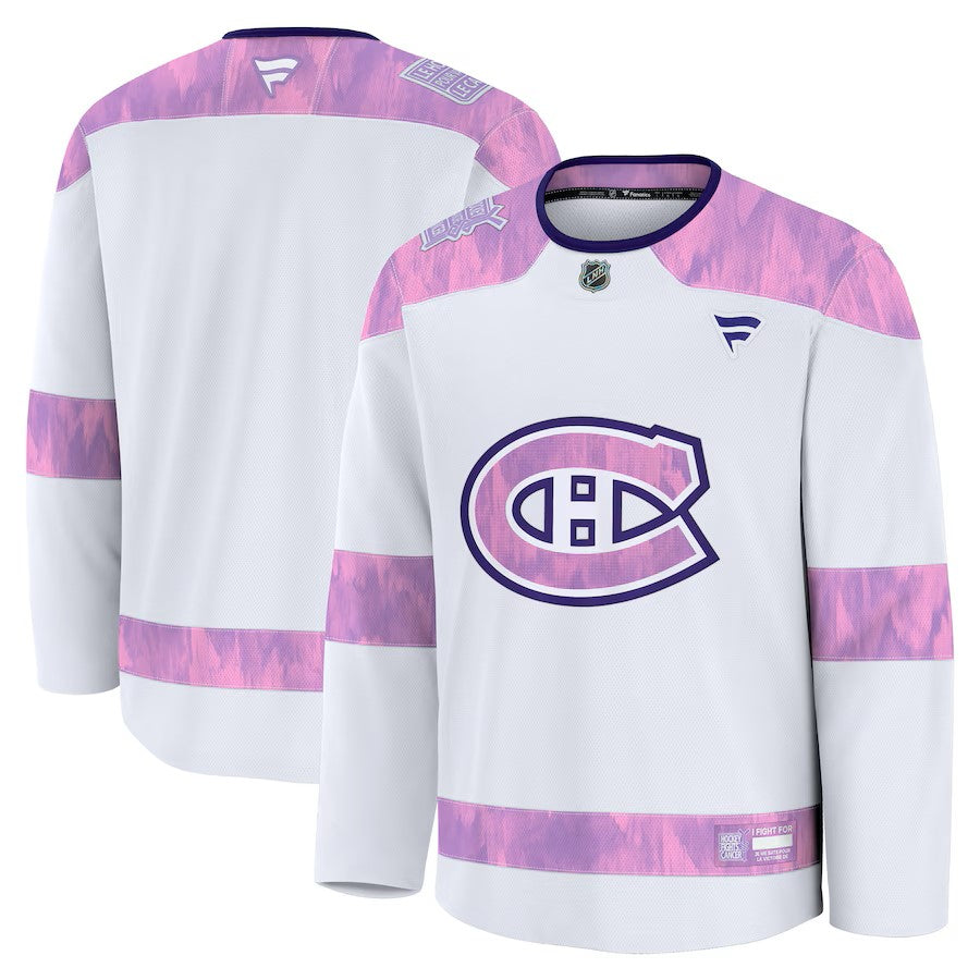 Maillot de hockey blanc pour homme de marque Fanatics des Canadiens de Montréal de la LNH pour lutter contre le cancer