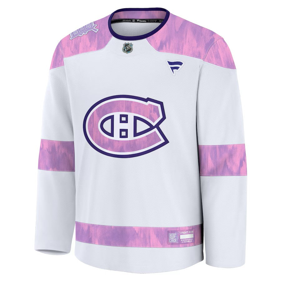 Maillot de hockey blanc pour homme de marque Fanatics des Canadiens de Montréal de la LNH pour lutter contre le cancer