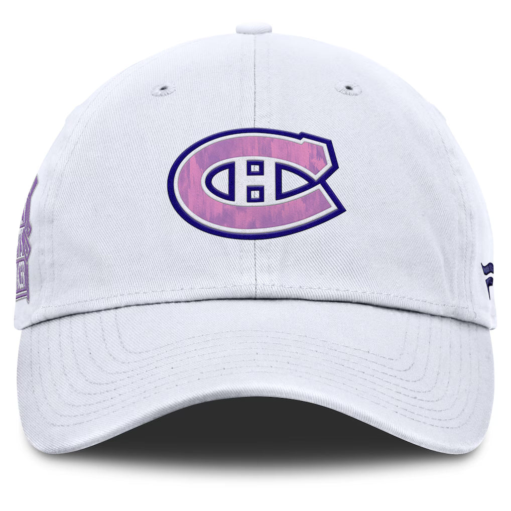 Casquette ajustable authentique professionnelle blanche 2025 des Canadiens de Montréal (NHL, marque Fanatics) - Hockey contre le cancer
