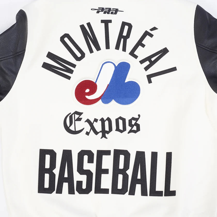 Veste universitaire en laine côtelée Modern Originals pour homme, couleur coquille d'œuf/noir, modèle Pro Standard des Expos de Montréal (MLB).
