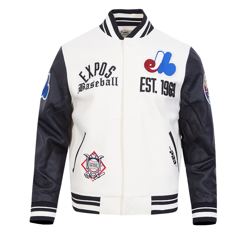 Veste universitaire en laine côtelée Modern Originals pour homme, couleur coquille d'œuf/noir, modèle Pro Standard des Expos de Montréal (MLB).