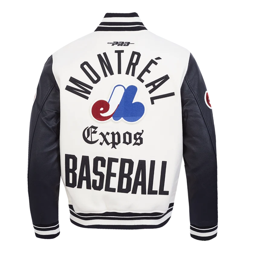 Veste universitaire en laine côtelée Modern Originals pour homme, couleur coquille d'œuf/noir, modèle Pro Standard des Expos de Montréal (MLB).