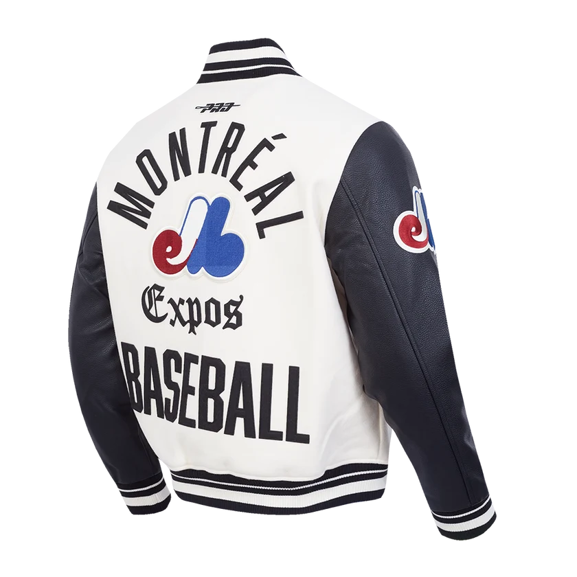 Veste universitaire en laine côtelée Modern Originals pour homme, couleur coquille d'œuf/noir, modèle Pro Standard des Expos de Montréal (MLB).
