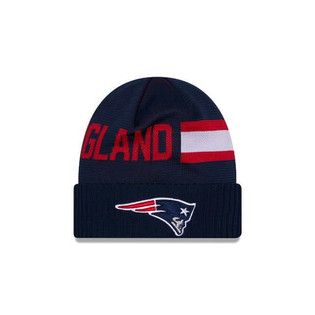 Bonnet tricoté technique Sideline NFL New Era bleu marine 2024 pour homme des Patriots de la Nouvelle-Angleterre