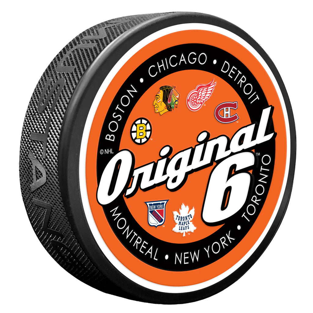 Original Six NHL Script Textured Hockey Puck