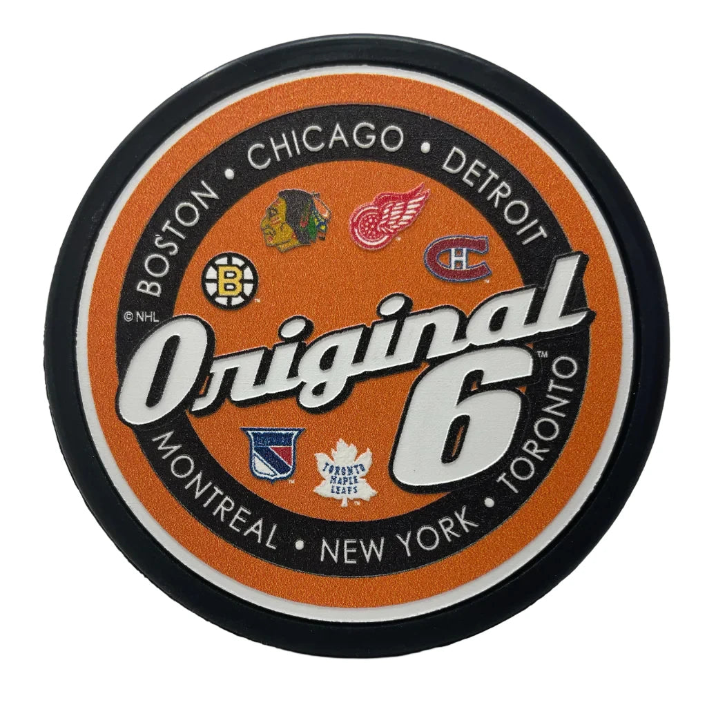 Original Six NHL Script Textured Hockey Puck