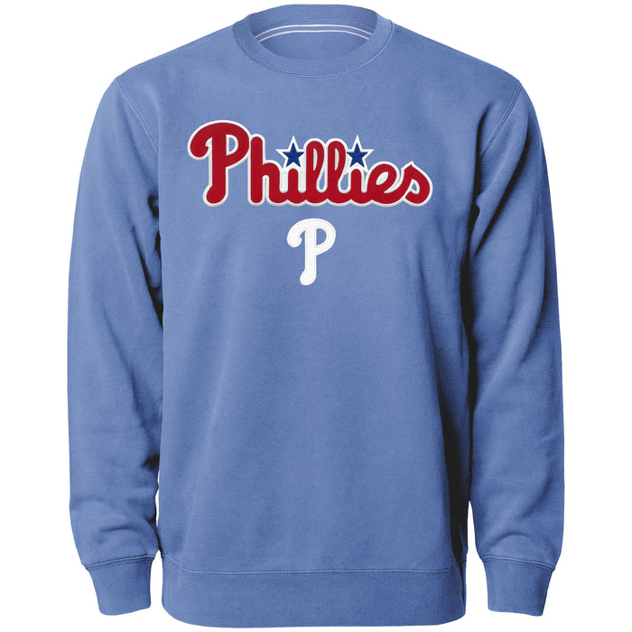 Philadelphia Phillies MLB Bulletin Men's Light Blue Twill Applique Home Field Crew Sweater