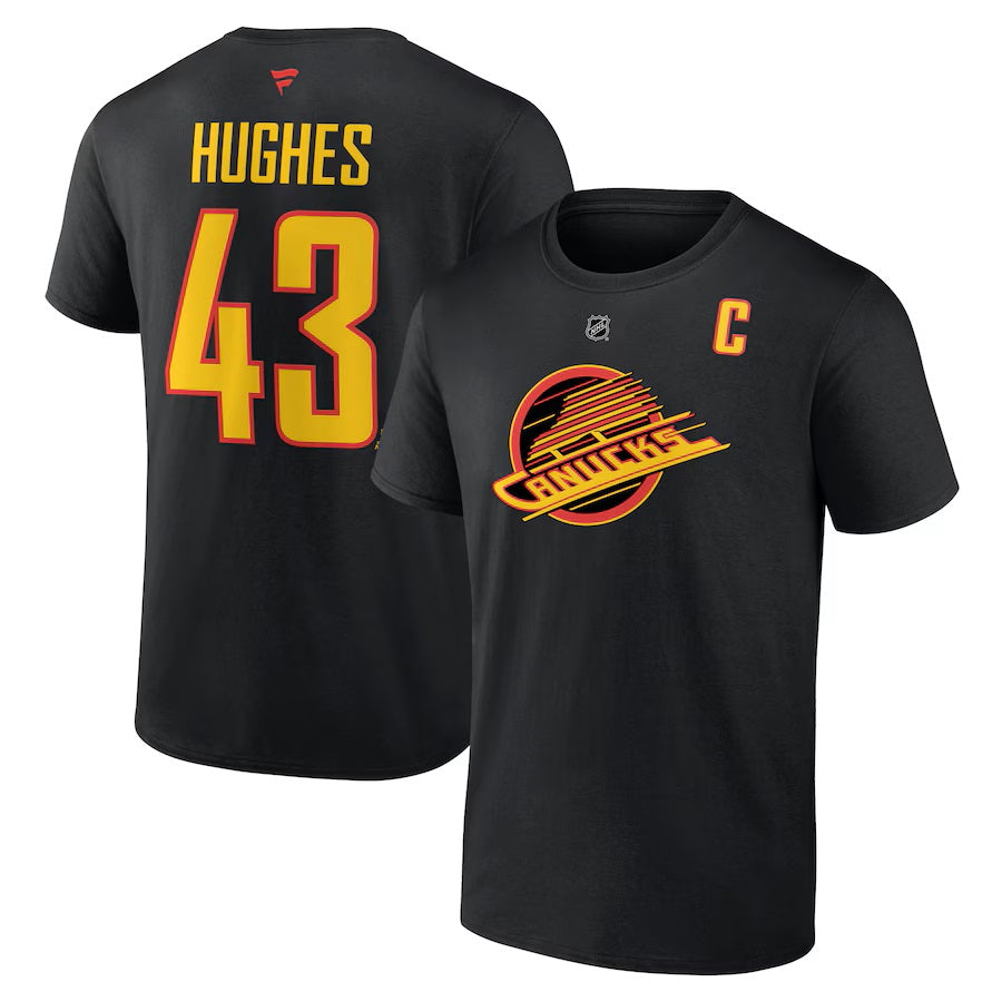 T-shirt authentique alternatif noir de marque Quinn Hughes Vancouver Canucks NHL Fanatics pour homme