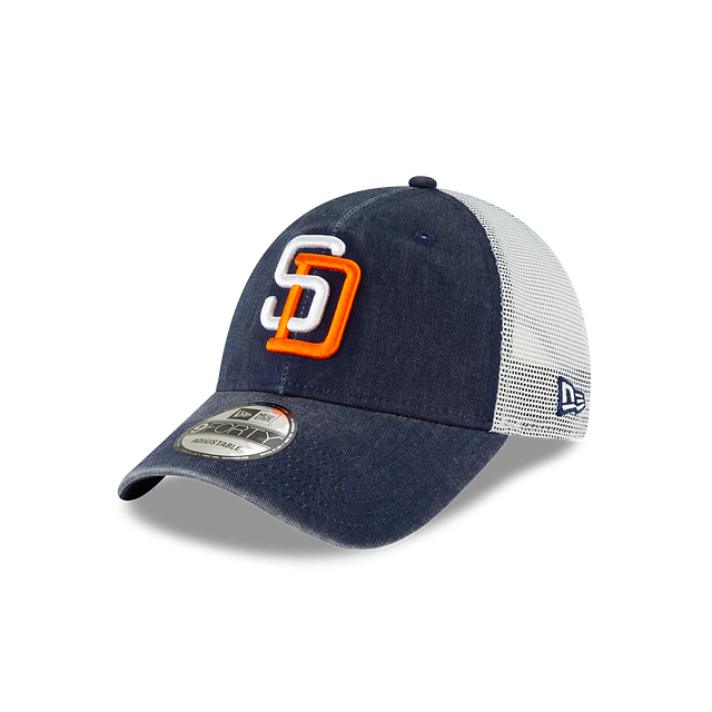 San Diego Padres MLB New Era Casquette réglable bleu marine 9Forty Cooperstown Washed Trucker pour hommes