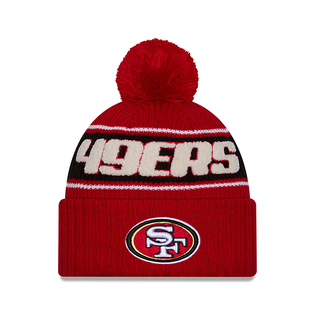 San Francisco 49ers NFL New Era Men's Red 2024 Sideline Sport Knit Pom Hat