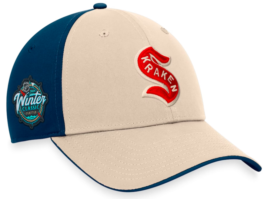 Seattle Kraken NHL Fanatics Branded Men's Cream/Deep Sea Blue 2024 Winter Classic Stretch Fit Hat