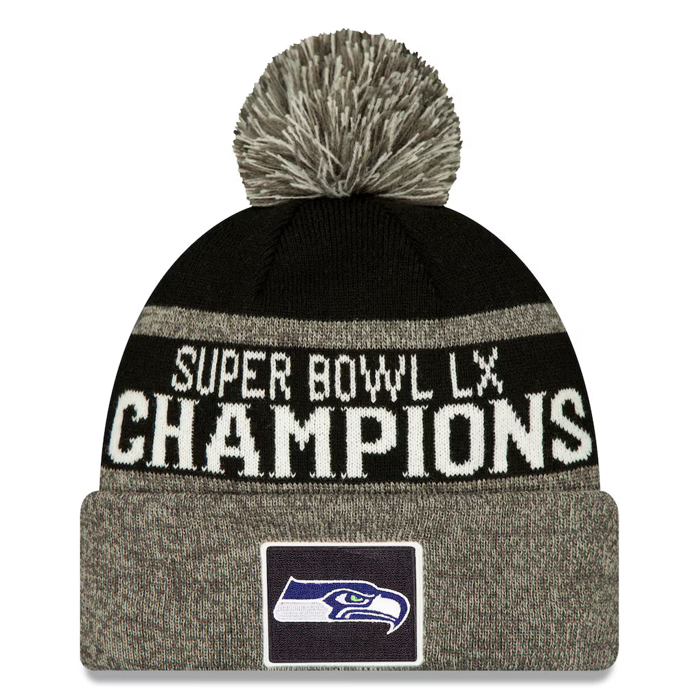 Seattle Seahawks NFL New Era Men's Black Super Bowl LX Champions Parade Cuffed Knit Hat with Pom